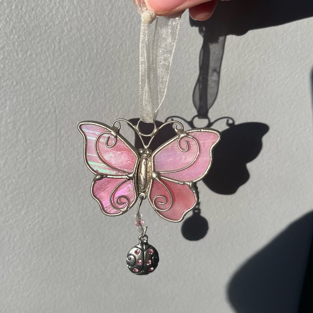 Pink Butterfly Ornament with Silver Accents